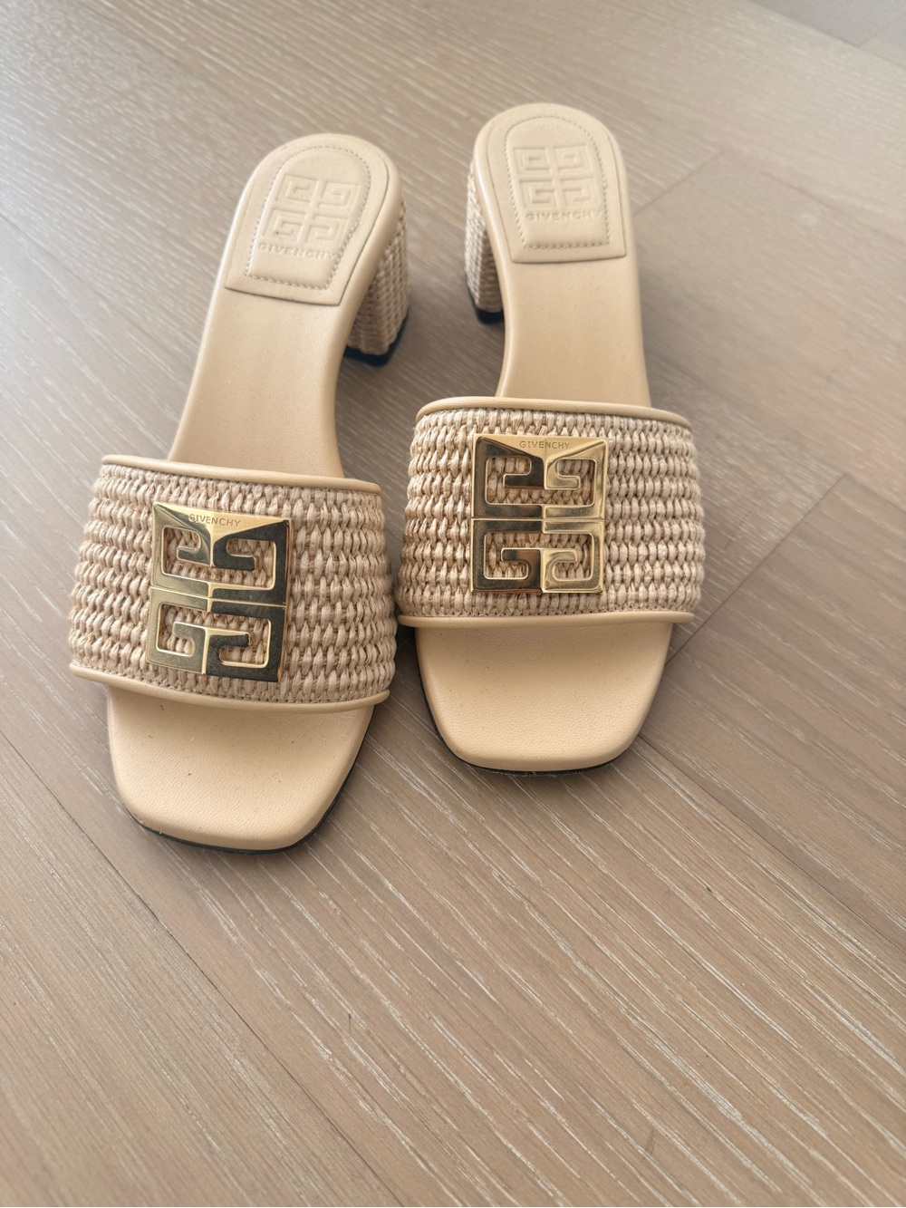 Givenchy Neutral Beige Woven Slide Mules with Gold Emblem